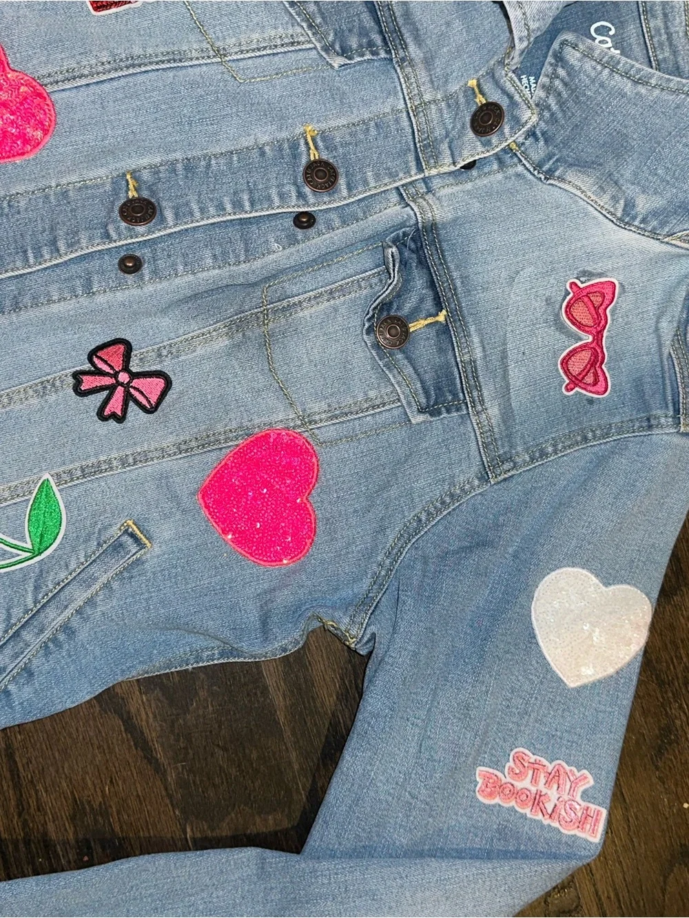 Light Blue Girls' Denim Jacket w/various girly Sequin Patches 10/12